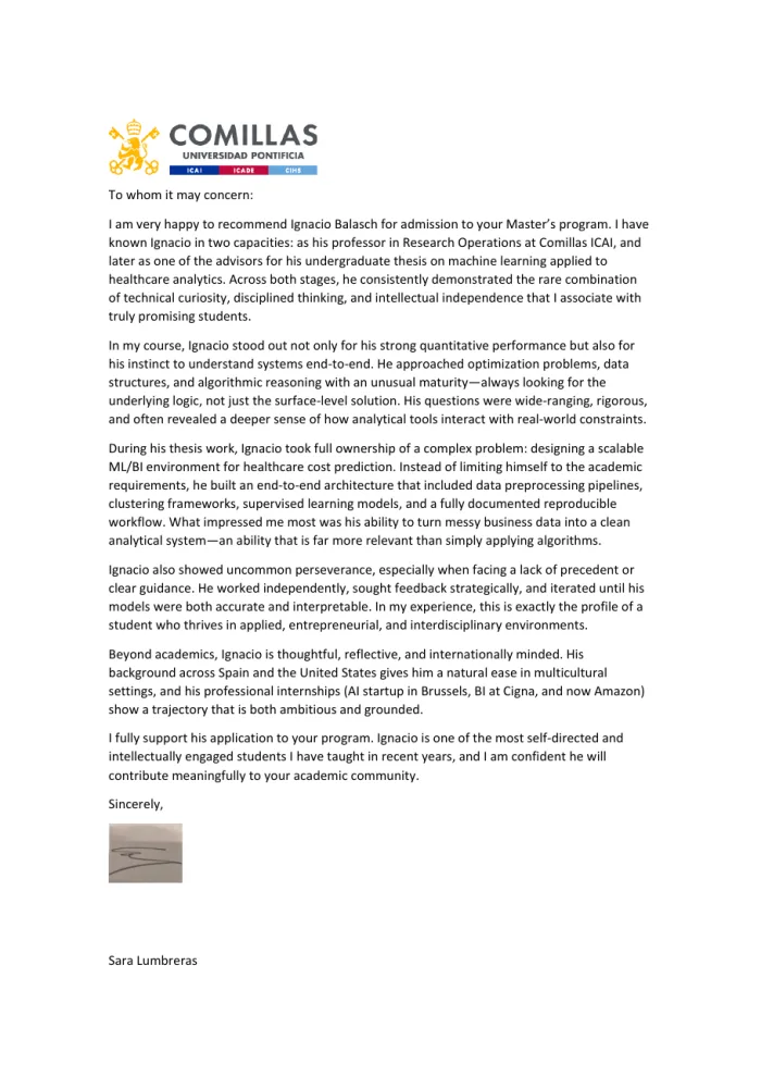 Top of the letter from Sara Lumbreras